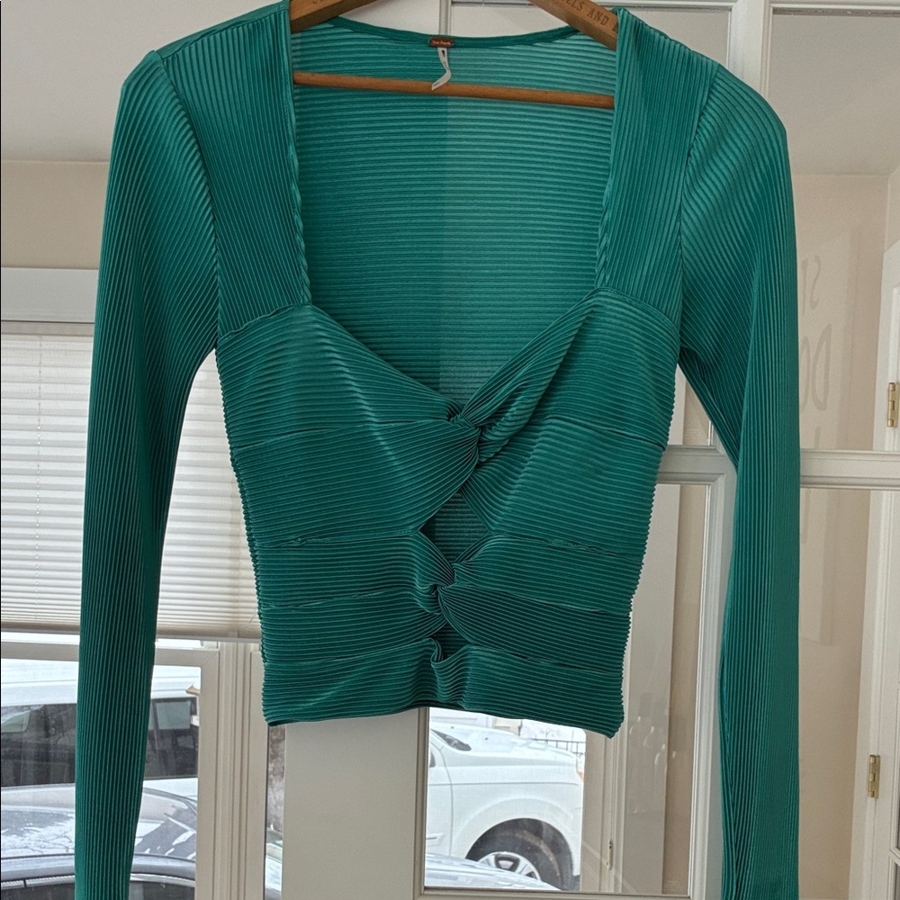 Free People Emerald Ribbed Long Sleeve Blouse